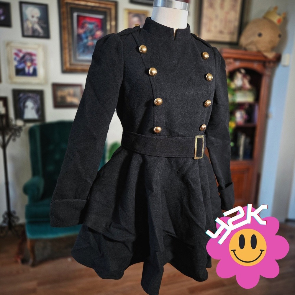 Black Military Coat Dress Vintage Y2K Wool Gold Button Fit Flare Double Breasted